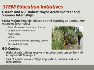 STEM Education Initiatives 
UTeach and NSF Robert Noyce Academic Year and Summer Internships 
STEM Majors Provide Education and Tutoring at Community Agencies (examples) 
◦Perot Museum of Nature and Science 
◦CR Smith Aviation museum 
◦River Legacy 
◦YMCA 
◦DFW Elementary and Secondary Schools 
◦Boys and Girls Clubs 
GO-Centers 
◦High school students receive mentoring and support from UT Arlington STEM majors 
◦Parent education on college application, financial aid, and scholarships 
- Program Director Go-Centers: Dr. Carla Amaro-Jimenez  