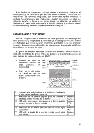 Para finalizar el diagnóstico, histológicamente el melanoma clásico (no el 
desmoplásico) se caracteriza por ser una lesión asimétrica, constituida por 
melanocitos de tamaños irregulares, con abundantes figuras mitósicas y 
núcleos hipercromáticos. Los melanocitos pueden disponerse en nidos de 
diferente tamaño y forma o de forma difusa, en sábanas. La epidermis 
suprayacente suele estar adelgazada e incluso ulcerada y la dermis puede 
mostrar elastosis y melanina dispuesta de manera irregular. 
22 
ESTADIFICACIÓN Y PRONÓSTICO 
Una vez diagnosticado el melanoma se debe proceder a su estadiaje con 
fines pronósticos y terapéuticos. En el estadiaje microscópico del tumor existen 
dos hallazgos que tienen una gran importancia pronóstica y que son el grosor 
tumoral y la presencia de ulceración. La ulceración es la ausencia histológica 
de epidermis por encima del tumor. 
El grosor del tumor se establece utilizando dos sistemas, uno basado en la 
medición milimétrica del grosor (índice de Breslow) y un sistema basado en el 
nivel cutáneo de invasión (niveles de Clark). 
- Breslow: se mide en 
milímetros desde la 
capa granulosa en 
profundidad. 
- Clark: según afectación 
de capas de piel, se 
suele correlacionar con 
Breslow. 
I Lesiones que solo implican a la epidermis (melanoma 
in situ); no es una lesión invasora. 
II Infiltración de la dermis papilar, pero no alcanza la 
interfase papilar reticular de la dermis 
Breslow 
<0,75 
III Infiltración que ocupa y se expande a la dermis papilar, 
pero no penetra la dermis reticular. 
Breslow 
0,75- 
1,5 
IV Infiltración en la dermis reticular pero no en el tejido 
subcutáneo 
Breslow 
>1.5 
V Infiltración a través de la dermis reticular en el tejido 
subcutáneo. 
Breslow 
>3 
 