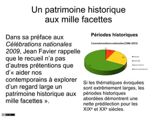 Un patrimoine historique
aux mille facettes
Périodes historiques
Dans sa préface aux
Célébrations nationales
2009, Jean Favier rappelle
que le recueil n’a pas
d’autres prétentions que
d’« aider nos
contemporains à explorer
d’un regard large un
patrimoine historique aux
mille facettes ».
Si les thématiques évoquées
sont extrêmement larges, les
périodes historiques
abordées démontrent une
nette prédilection pour les
XIXe et XXe siècles.
 