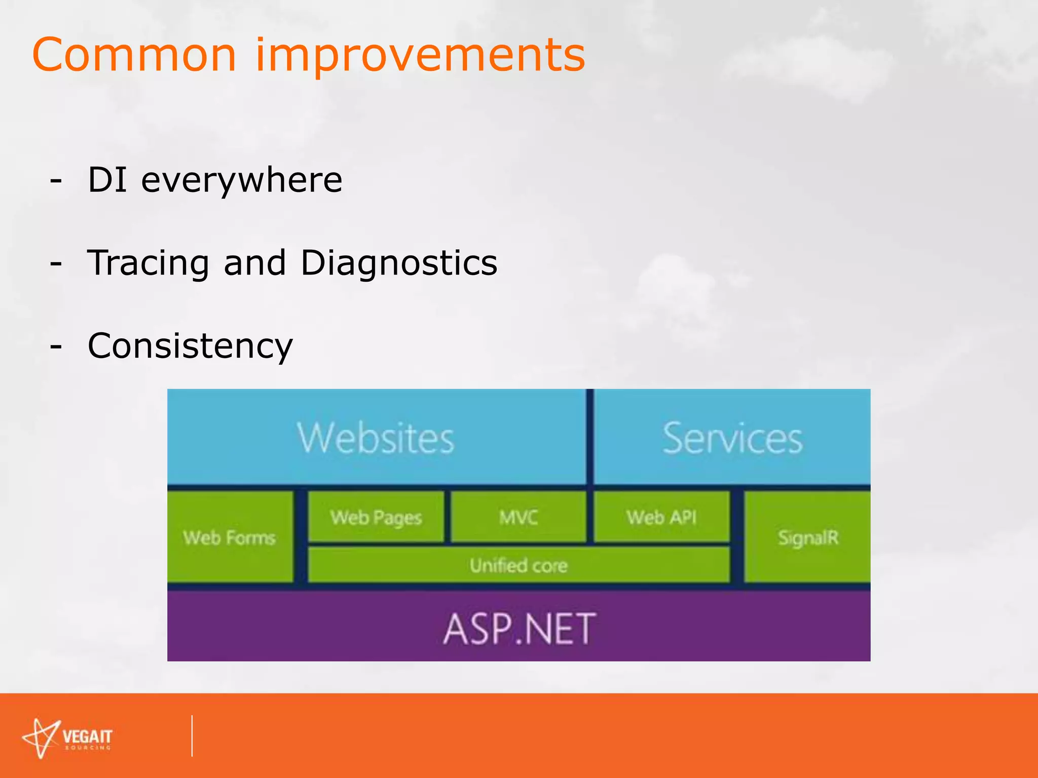 Common improvements
- DI everywhere
- Tracing and Diagnostics
- Consistency
 