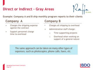 Managing Government Contracts 
Page 63 
Direct or Indirect – Gray Areas 
Example: Company A and B ship monthly program reports to their clients 
Company A 
• 
Charges the shipping expense against the contract 
• 
Support personnel charge time to overhead 
Company B 
• 
Charges all shipping to overhead 
• 
Administrative staff charge: 
o 
Time supporting projects 
o 
Overhead when working on support of a general nature 
The same approach can be taken on many other types of expenses, such as photocopies, phone calls, faxes, etc.  