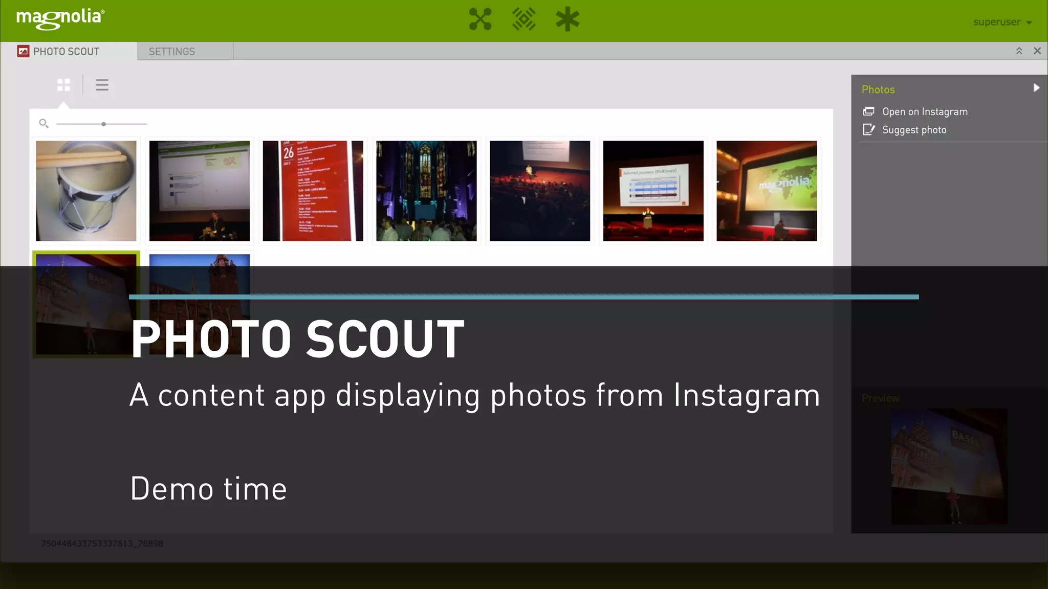 PHOTO SCOUT 
A content app displaying photos from Instagram 
! 
Demo time 
 