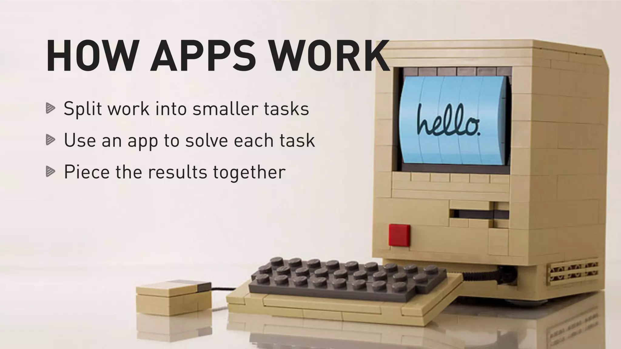 HOW APPS WORK 
Split work into smaller tasks 
Use an app to solve each task 
Piece the results together 
 