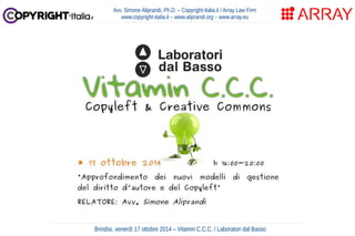 Avv. Simone Aliprandi, Ph.D. – Copyright-Italia.it / Array Law Firm 
www.copyright-italia.it – www.aliprandi.org – www.array.eu 
Brindisi, venerdì 17 ottobre 2014 – Vitamin C.C.C. / Laboratori dal Basso 
 