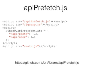 apiPrefetch.js 
<script src="/apiPrefetch.js"></script> 
<script src="/jquery.js"></script> 
<script> 
window.apiPrefetchData = { 
"/api/posts": […], 
"/api/user": {…} 
https://github.com/JonAbrams/apiPrefetch.js 
}; 
</script> 
<script src="/main.js"></script> 
 