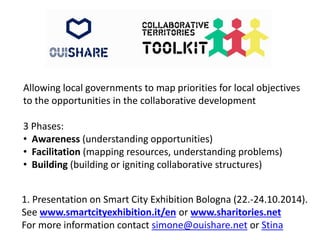 Allowing local governments to map priorities for local objectives 
to the opportunities in the collaborative development 
3 Phases: 
• Awareness (understanding opportunities) 
• Facilitation (mapping resources, understanding problems) 
• Building (building or igniting collaborative structures) 
1. Presentation on Smart City Exhibition Bologna (22.-24.10.2014). 
See www.smartcityexhibition.it/en or www.sharitories.net 
For more information contact simone@ouishare.net or Stina 
 