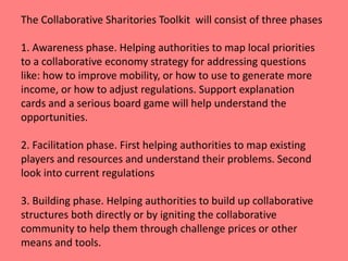 The Collaborative Sharitories Toolkit will consist of three phases 
1. Awareness phase. Helping authorities to map local priorities 
to a collaborative economy strategy for addressing questions 
like: how to improve mobility, or how to use to generate more 
income, or how to adjust regulations. Support explanation 
cards and a serious board game will help understand the 
opportunities. 
2. Facilitation phase. First helping authorities to map existing 
players and resources and understand their problems. Second 
look into current regulations 
3. Building phase. Helping authorities to build up collaborative 
structures both directly or by igniting the collaborative 
community to help them through challenge prices or other 
means and tools. 
 