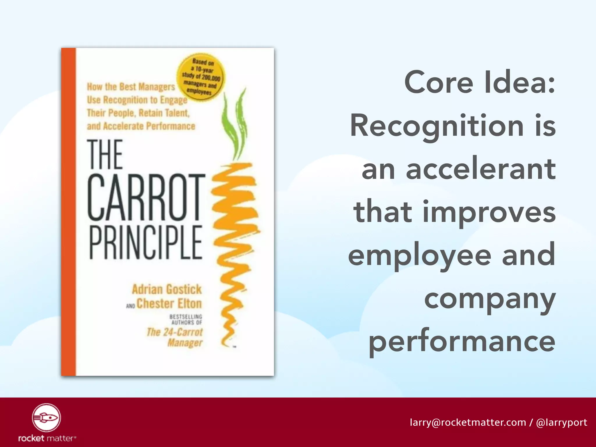 Core Idea: 
Recognition is 
an accelerant 
that improves 
employee and 
company 
performance 
larry@rocketmatter.com / @larryport 
 