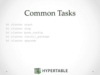 Common  Tasks	
ht cluster start
ht cluster stop
ht cluster push_config
ht cluster install_package
ht cluster upgrade
 