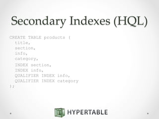 Secondary  Indexes  (HQL)	
CREATE TABLE products (
title,
section,
info,
category,
INDEX section,
INDEX info,
QUALIFIER INDEX info,
QUALIFIER INDEX category
);
 