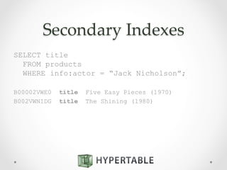 Secondary  Indexes	
SELECT title
FROM products
WHERE info:actor = “Jack Nicholson”;
B00002VWE0 title Five Easy Pieces (1970)
B002VWNIDG title The Shining (1980)
 