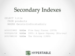 Secondary  Indexes	
SELECT title
FROM products
WHERE Exists(info:studio);
B00002VWE0 title Five Easy Pieces (1970)
B000Q66J1M title 2001: A Space Odyssey [Blu-ray]
B002VWNIDG title The Shining (1980)
 