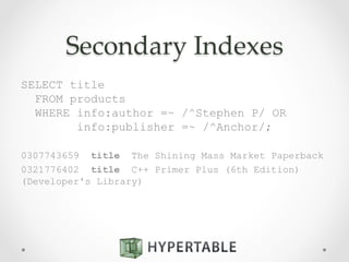 Secondary  Indexes	
SELECT title
FROM products
WHERE info:author =~ /^Stephen P/ OR
info:publisher =~ /^Anchor/;
0307743659 title The Shining Mass Market Paperback
0321776402 title C++ Primer Plus (6th Edition)
(Developer's Library)
 