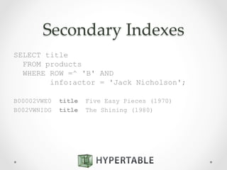 Secondary  Indexes	
SELECT title
FROM products
WHERE ROW =^ 'B' AND
info:actor = 'Jack Nicholson';
B00002VWE0 title Five Easy Pieces (1970)
B002VWNIDG title The Shining (1980)
 