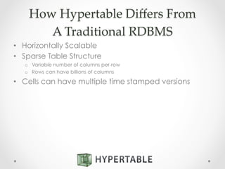 How  Hypertable  Diﬀers  From  
A  Traditional  RDBMS	
•  Horizontally Scalable
•  Sparse Table Structure
o  Variable number of columns per-row
o  Rows can have billions of columns
•  Cells can have multiple time stamped versions
 