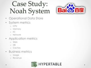 •  Operational Data Store
•  System metrics
o  CPU
o  Memory
o  IO
o  Network
•  Application metrics
o  Web
o  DB
o  Caches
•  Business metrics
o  Usage
o  Revenue
Case  Study:  
Noah  System	
 