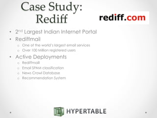 •  2nd Largest Indian Internet Portal
•  Rediffmail
o  One of the world’s largest email services
o  Over 100 Million registered users
•  Active Deployments
o  Rediffmaill
o  Email SPAM classification
o  News Crawl Database
o  Recommendation System
Case  Study:  
Rediﬀ	
 