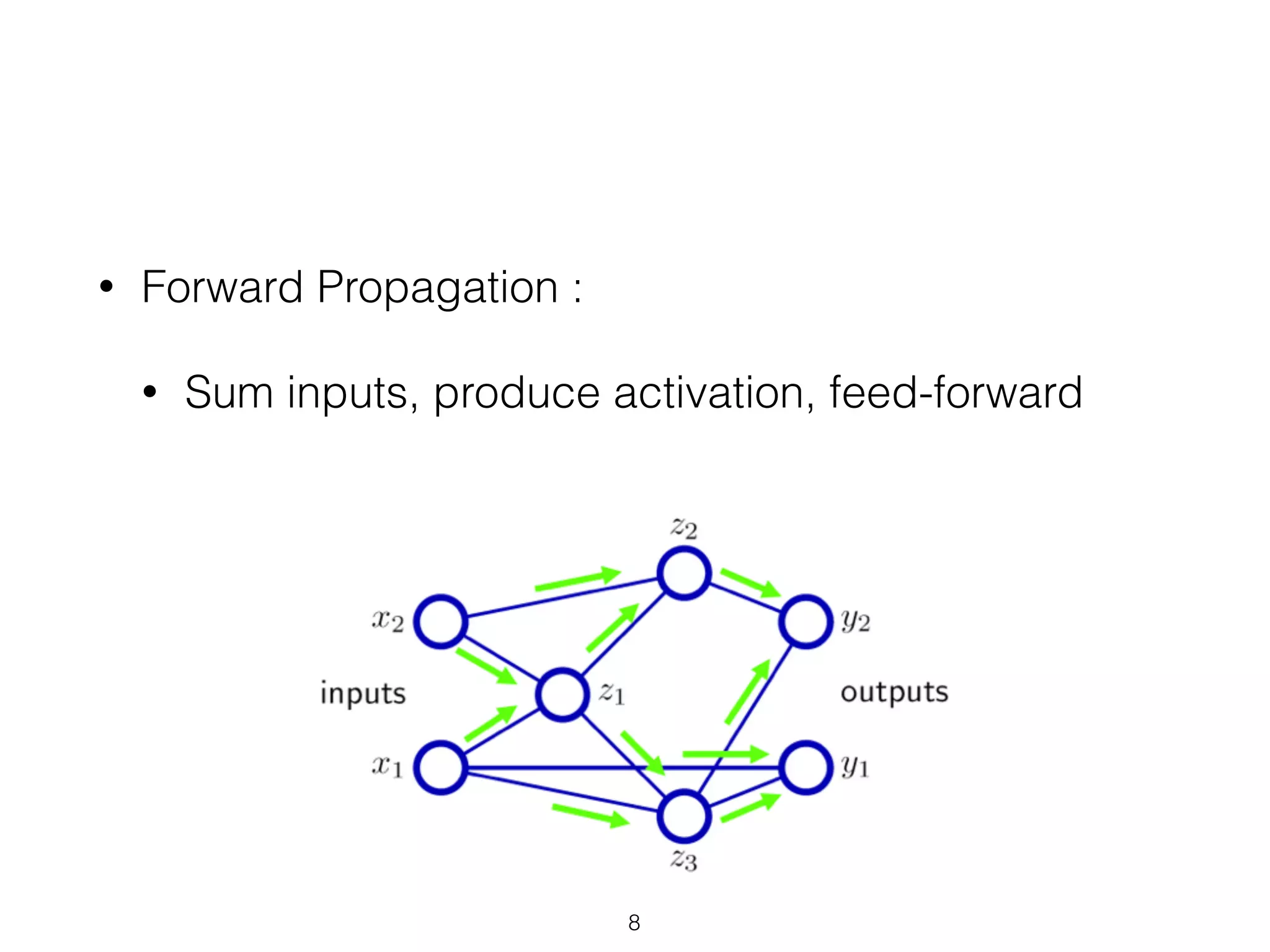 • Forward Propagation : 
• Sum inputs, produce activation, feed-forward 
8 
 