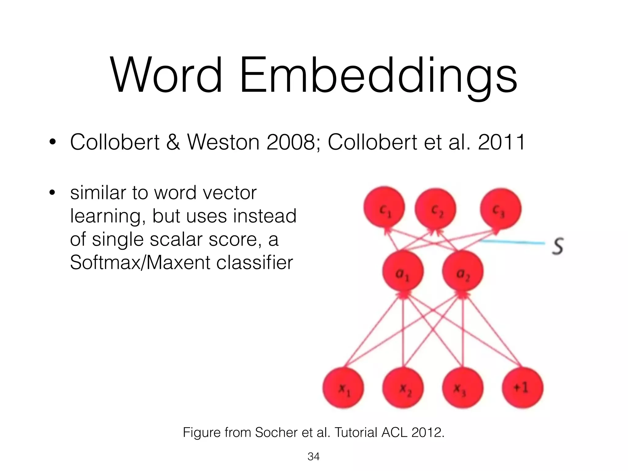 Word Embeddings 
• Collobert & Weston 2008; Collobert et al. 2011 
• similar to word vector 
learning, but uses instead 
of single scalar score, a 
Softmax/Maxent classifier 
Figure from Socher et al. Tutorial ACL 2012. 
34 
 