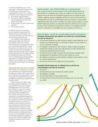 Aux fins de l’application de ce test, le
« principal » correspond à la juste valeur
de l’actif financier au moment de sa
comptabilisation initiale. Les « intérêts »
s’entendent comme étant la contrepartie :
•	 de la valeur temps de l’argent;
•	 du risque de crédit lié au principal
restant dû pendant une période de
temps en particulier;
•	 d’autres risques des prêts de base et les
coûts liés;
•	 d’une marge de profit.
Les flux de trésorerie contractuels
qui correspondent uniquement à des
remboursements de principal et à des
versements d’intérêts sont cohérents avec
une convention de prêt de base.
	 Les modalités contractuelles qui
exposent une entité à des risques ou
à la volatilité des flux de trésorerie
contractuels, qui ne sont pas présents dans
une convention de prêt de base, comme
l’exposition aux variations du cours des
actions ou du prix des marchandises, ne
satisfont pas au test lié aux caractéristiques
des flux de trésorerie. De la même manière,
les modalités qui rehaussent l’effet de
levier ne satisfont pas au test puisqu’elles
augmentent la variabilité des flux de
trésorerie contractuels, ce qui se traduit par
l’absence des caractéristiques économiques
des intérêts.
Contrepartie de la valeur temps de l’argent
Afin d’évaluer si les intérêts ne constituent
une contrepartie qu’à l’égard du passage
du temps, une entité exerce un jugement et
tient compte de facteurs pertinents comme
la monnaie dans laquelle l’actif financier
est libellé et la période pour laquelle le taux
d’intérêt est fixé.
	 Dans certains cas, la valeur temps
de l’argent peut être modifiée (p. ex. si
le taux d’intérêt d’un actif est rajusté
périodiquement à une moyenne de
taux d’intérêt à court terme et à long
terme particuliers). Dans ces cas, une
entité doit évaluer la modification
afin d’établir si les flux de trésorerie
contractuels correspondent uniquement
à des remboursements de principal et à
des versements d’intérêts sur le principal
restant dû. Le but de cet exercice est
d’établir en quoi les flux de trésorerie
contractuels (non actualisés) seraient
différents des flux de trésorerie (non
actualisés) obtenus si l’élément valeur
temps de l’argent n’avait pas été modifié
(flux de trésorerie de référence). Dans
certains cas, il sera possible de le faire au
moyen d’une appréciation qualitative,
mais dans des cas plus complexes, une
évaluation quantitative pourrait être
nécessaire.
Aspect pratique – taux d’intérêt établis par le gouvernement
Dans certaines juridictions, le gouvernement ou une autorité réglementaire fixe les
taux d’intérêt. Par conséquent, dans certains cas, l’objectif de la valeur temps de
l’argent n’est pas de fournir une contrepartie uniquement pour le passage du temps.
Toutefois, malgré les exigences habituelles de l’IFRS 9, la norme prescrit qu’aux fins
de l’application du test lié aux caractéristiques des flux de trésorerie, un taux d’intérêt
réglementé doit être jugé comme un indicateur de la valeur temps de l’argent, si ce taux
d’intérêt réglementé constitue une contrepartie largement cohérente avec le passage
du temps et qu’il n’entraîne pas d’exposition aux risques ou à la volatilité des flux de
trésorerie contractuels non compatibles avec une convention de prêt de base.
Aspect pratique – test lié aux caractéristiques des flux de trésorerie
Exemples d’instruments qui satisfont au test lié aux caractéristiques
des flux de trésorerie
• Un instrument comportant une date d’échéance stipulée à l’égard duquel les flux de
trésorerie sont entièrement fixes, ou comportant un intérêt à un taux variable ou à
un taux combiné fixe et variable;
• Une obligation comportant une date d’échéance stipulée à l’égard de laquelle le
principal et les intérêts sont liés (sans effet de levier) à un indice d’inflation de la
monnaie dans laquelle l’instrument est émis;
• Un instrument à taux variable comportant une date d’échéance stipulée offrant
périodiquement à l’emprunteur le choix d’un taux d’intérêt du marché;
• Une obligation comportant une date d’échéance stipulée et portant intérêt à un taux
de marché variable plafonné;
• Un prêt avec droit de recours intégral assorti d’une garantie.
Exemples d’instruments qui ne satisfont pas au test lié aux
caractéristiques des flux de trésorerie 
• Des dérivés;
• Des placements dans des instruments de capitaux propres;
• Une obligation convertible;
• Un prêt portant intérêt à un taux variable inversé;
• Un instrument dont les flux de trésorerie sont fondés sur le cours des actifs
ou un indice.
Bulletin de nouvelles sur les IFRS – Numéro spécial – Octobre 2014 – 7­­
 