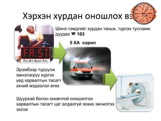 Хэрхэн хурдан оношлох вэ?
Шинэ тэмдгийг хурдан таньж, түргэн тусламж
дуудах  103
Эрэмбээр түрүүлж
эмнэлэгрүү хүргэх
үед харвалтын тасагт
эхний мэдээлэл өгөх
Шуурхай болон оновчтой оношилгоо
харвалтын тасагт цаг алдалгүй зохих эмчилгээ
эхлэх
5 ХА сорил
 
