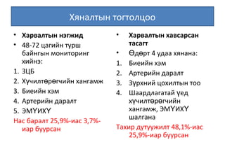 Хяналтын тогтолцоо
• Харвалтын нэгжид
• 48-72 цагийн турш
байнгын мониторинг
хийнэ:
1. ЗЦБ
2. Х чилт р гчийн хангамжү ө ө
3. Биеийн хэм
4. Артерийн даралт
5. ЭМ ИХҮ Ү
Нас баралт 25,9%-иас 3,7%-
иар буурсан
• Харвалтын хавсарсан
тасагт
• д рт 4 удаа хянана:Ө ө
1. Биеийн хэм
2. Артерийн даралт
3. З рхний цохилтын тооү
4. Шаардлагатай едү
х чилт р гчийнү ө ө
хангамж, ЭМ ИХҮ Ү
шалгана
Тахир дутуужилт 48,1%-иас
25,9%-иар буурсан
 