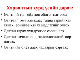Харвалтын хурц үеийн дараа:
• Өвчтний толгойд зөв ойлголтыг өгөх
• Өвчтөнг эмч хянахаас гадна гэрийнхэн
хянах, өрийгөө хянах мэдлэгийг олгох
• Давтан гарах хүндрэлээс сэргийлэх
• Давтан эмчилгээнд төлөвлөгөөтэйгөөр
илгээх
• Өвчтнийг биеэ даах чадварыг сэргээх
 