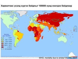 WHO, mortality due to stroke/100.000, 2004
Харвалтаас үхэлд хүргэх байдлыг 100000 хүнд ноогдох байдлаар
 
