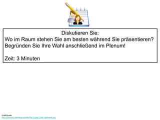 Diskutieren Sie: 
Wo im Raum stehen Sie am besten während Sie präsentieren? 
Begründen Sie Ihre Wahl anschließend im Plenum! 
Zeit: 3 Minuten 
GrafikQuelle: 
http://commons.wikimedia.org/wiki/File:Crystal_Clear_teamwork.png 
 