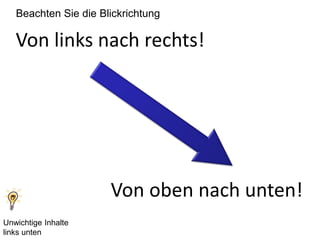 Beachten Sie die Blickrichtung 
Von links nach rechts! 
Von oben nach unten! 
Unwichtige Inhalte 
links unten 
 