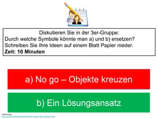 Diskutieren Sie in der 3er-Gruppe: 
Durch welche Symbole könnte man a) und b) ersetzen? 
Schreiben Sie Ihre Ideen auf einem Blatt Papier nieder. 
Zeit: 10 Minuten 
a) No go – Objekte kreuzen 
b) Ein Lösungsansatz 
GrafikQuelle: 
http://commons.wikimedia.org/wiki/File:Crystal_Clear_teamwork.png 
 