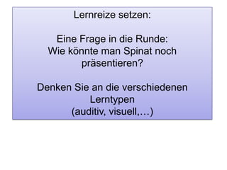 Lernreize setzen: 
Eine Frage in die Runde: 
Wie könnte man Spinat noch 
präsentieren? 
Denken Sie an die verschiedenen 
Lerntypen 
(auditiv, visuell,…) 
 