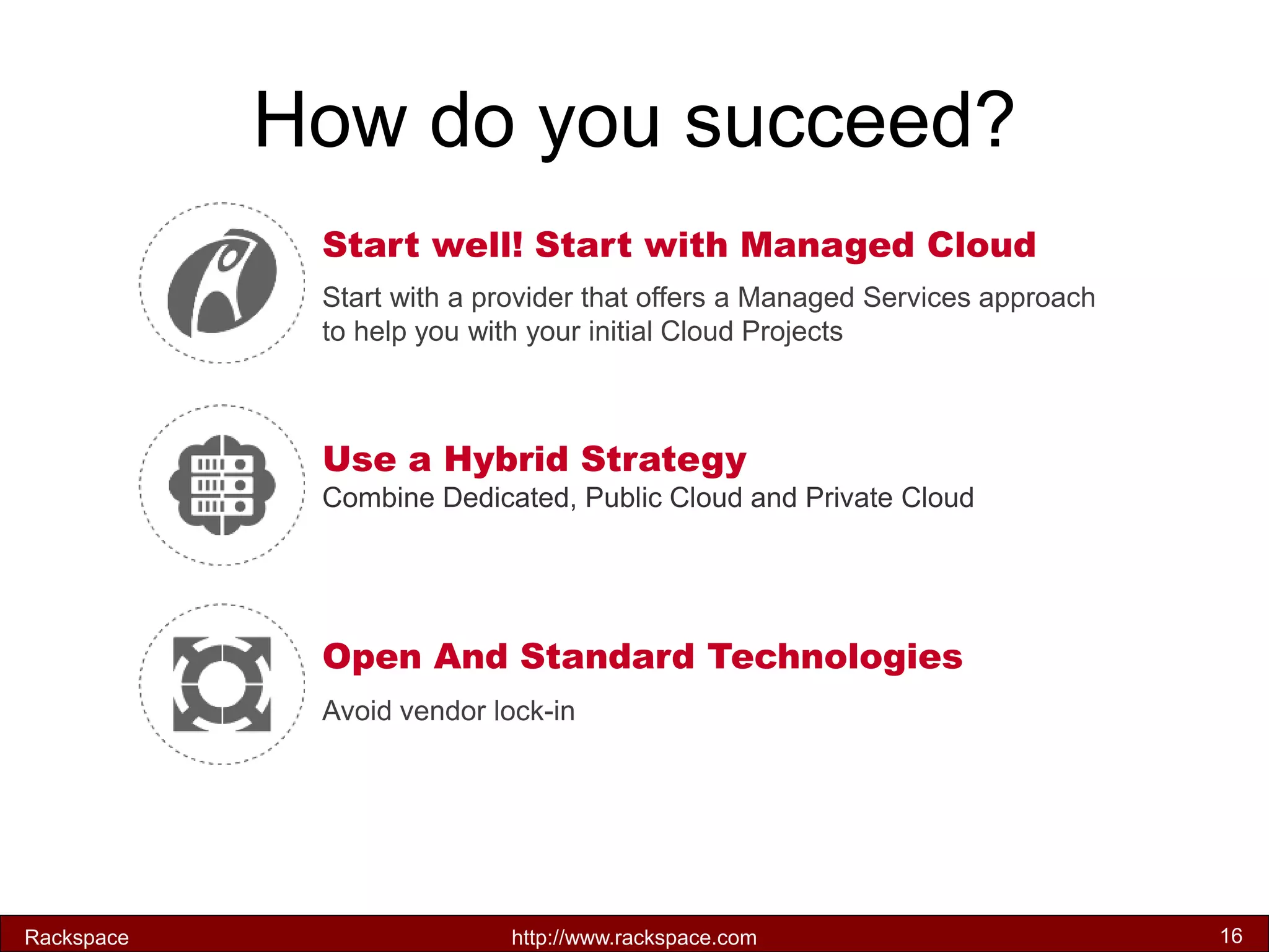 How do you succeed? 
Open And Standard Technologies 
Avoid vendor lock-in 
Use a Hybrid Strategy 
Combine Dedicated, Public Cloud and Private Cloud 
Start well! Start with Managed Cloud 
Start with a provider that offers a Managed Services approach to help you with your initial Cloud Projects 
Rackspace 
http://www.rackspace.com 
16  