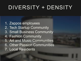 DIVERSITY + DENSITY 
1. Zappos employees 
2. Tech Startup Community 
3. Small Business Community 
4. Fashion Community 
5. Art and Music Communities 
6. Other Passion Communities 
7. Local Residents 
 