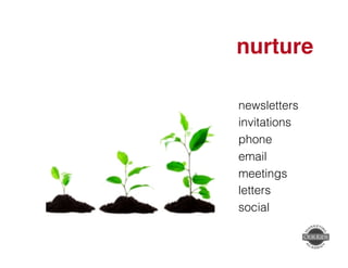 nurture" 
newsletters! 
invitations! 
phone! 
email! 
meetings! 
letters! 
social! 
 