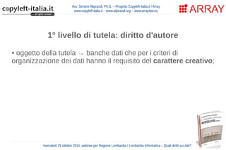 Avv. Simone Aliprandi, Ph.D. – Progetto Copyleft-Italia.it / Array 
www.copyleft-italia.it – www.aliprandi.org – www.arraylaw.eu 
1° livello di tutela: diritto d'autore 
• oggetto della tutela → banche dati che per i criteri di 
organizzazione dei dati hanno il requisito del carattere creativo; 
• titolare del diritto → autore della banca dati 
• effetto del diritto → l'autore ha il diritto esclusivo di riprodurre, 
tradurre, adattare, diffondere al pubblico la banca dati 
• durata del diritto → 70 anni dalla morte dell'autore 
mercoledì 29 ottobre 2014, webinar per Regione Lombardia / Lombardia Informatica – Quali diritti sui dati? 
 