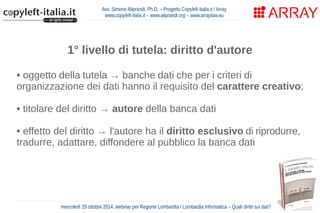 Avv. Simone Aliprandi, Ph.D. – Progetto Copyleft-Italia.it / Array 
www.copyleft-italia.it – www.aliprandi.org – www.arraylaw.eu 
1° livello di tutela: diritto d'autore 
• oggetto della tutela → banche dati che per i criteri di 
organizzazione dei dati hanno il requisito del carattere creativo; 
• titolare del diritto → autore della banca dati 
• effetto del diritto → l'autore ha il diritto esclusivo di riprodurre, 
tradurre, adattare, diffondere al pubblico la banca dati 
• durata del diritto → 70 anni dalla morte dell'autore 
mercoledì 29 ottobre 2014, webinar per Regione Lombardia / Lombardia Informatica – Quali diritti sui dati? 
 