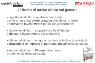 Avv. Simone Aliprandi, Ph.D. – Progetto Copyleft-Italia.it / Array 
www.copyleft-italia.it – www.aliprandi.org – www.arraylaw.eu 
2° livello di tutela: diritto sui generis 
• oggetto del diritto → qualsiasi banca dati 
anche priva di carattere creativo che abbia richiesto 
un rilevante investimento per la sua costituzione; 
• titolare del diritto → soggetto che ha effettuato 
il rilevante investimento (“costitutore”); 
• effetto del diritto → vengono riservate al titolare le attività di 
estrazione e re-impiego di parti sostanziali della banca dati 
• durata del diritto → 15 anni dalla messa 
in commercio della banca dati 
mercoledì 29 ottobre 2014, webinar per Regione Lombardia / Lombardia Informatica – Quali diritti sui dati? 
 