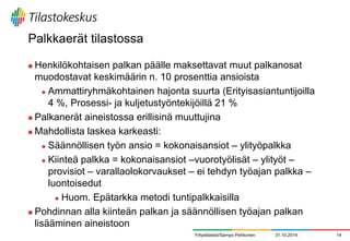 Palkkaerät tilastossa 
Henkilökohtaisen palkan päälle maksettavat muut palkanosat muodostavat keskimäärin n. 10 prosenttia ansioista 
Ammattiryhmäkohtainen hajonta suurta (Erityisasiantuntijoilla 4 %, Prosessi- ja kuljetustyöntekijöillä 21 % 
Palkanerät aineistossa erillisinä muuttujina 
Mahdollista laskea karkeasti: 
Säännöllisen työn ansio = kokonaisansiot – ylityöpalkka 
Kiinteä palkka = kokonaisansiot –vuorotyölisät – ylityöt – provisiot – varallaolokorvaukset – ei tehdyn työajan palkka – luontoisedut 
Huom. Epätarkka metodi tuntipalkkaisilla 
Pohdinnan alla kiinteän palkan ja säännöllisen työajan palkan lisääminen aineistoon 
31.10.2014 
14 
Yritystilastot/Sampo Pehkonen  