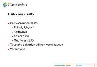 Esityksen sisältö 
Palkkarakennetilasto 
Esittely lyhyesti 
Kattavuus 
Ansiokäsite 
Muuttujasisältö 
Taustalla sektorien välinen vertailtavuus 
Yhteenveto 
31.10.2014 
2 
Yritystilastot/Sampo Pehkonen  