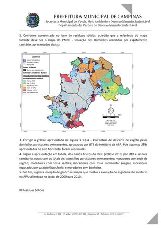 PREFEITURA MUNICIPAL DE CAMPINAS
Secretaria Municipal do Verde, Meio Ambiente e Desenvolvimento Sustentável
Departamento do Verde e do Desenvolvimento Sustentável
2. Conforme apresentado no item de resíduos sólidos, acredito que a referência do mapa
faltante deve ser o mapa do PMRH - Situação dos Domicílios atendidos por esgotamento
sanitário, apresentados abaixo.
3. Corrigir o gráfico apresentado na Figura 3.3.3-4 – Percentual de descarte de esgoto pelos
domicílios particulares permanentes, agrupados por UTB do território da APA. Pois algumas UTBs
apresentadas no eixo horizontal foram suprimidas
4. Sugiro a apresentação em tabela, dos dados brutos do IBGE (2000 e 2010) por UTB e setores
censitários rurais com os totais de: domicílios particulares permanentes; moradores com rede de
esgoto; moradores com fossa séptica; moradores com fossa rudimentar (negra); moradores
esgotados por vala/rio/lagos/solo; e moradores sem banheiro.
5. Por fim, sugiro a inserção de gráfico ou mapa que mostre a evolução do esgotamento sanitário
na APA salientada no texto, de 2000 para 2010.
III Resíduos Sólidos
____________________________________________________________________
Av. Anchieta, nº 200 - 19º andar - CEP 13.015-904 - Campinas-SP – Telefone: (019) 2116-0877
 