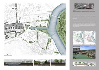 Phase 1 
désenclavement et réorientation du centre ville 
La première phase consisterait à remettre en valeur l’eau 
dans la ville, afin de créer des lieux agréables à vivre et 
parcourir. 
La deuxième phase entreprend un renforcement du nou-veau 
site économique par la construction de bâtiments 
liés aux activités tertiaires. Définition d’une voie arborée, 
lien continu entre centre historique, quartier de la gare, et 
Nord de la ville. 
30 
 