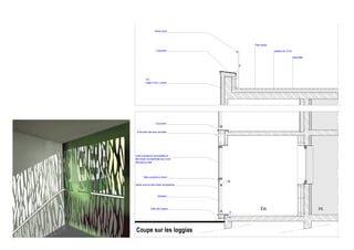 Garde corps 
Couvertine 
Pare-vapeur 
Etanchéité 
ITE : 
Isolant 12cm + enduit 
Isolation de 12 cm 
Isolation Garde Bavette en Ext. Int. 
Détail Couvertine 
Evacuation des eaux pluviales 
Volet coulissant et verrouillable en 
tôle d'acier microperforée avec motif 
découpé au laser 
Main courante en retrait 
Garde corps en tôle d'acier microperforé 
Montants 
Grille anti-rongeur 
Coupe sur les loggias 
0.10 
Couvertine 
Trespa 
Volet coulissant d'acier avec Transparence Garde Transparence 5 
 
