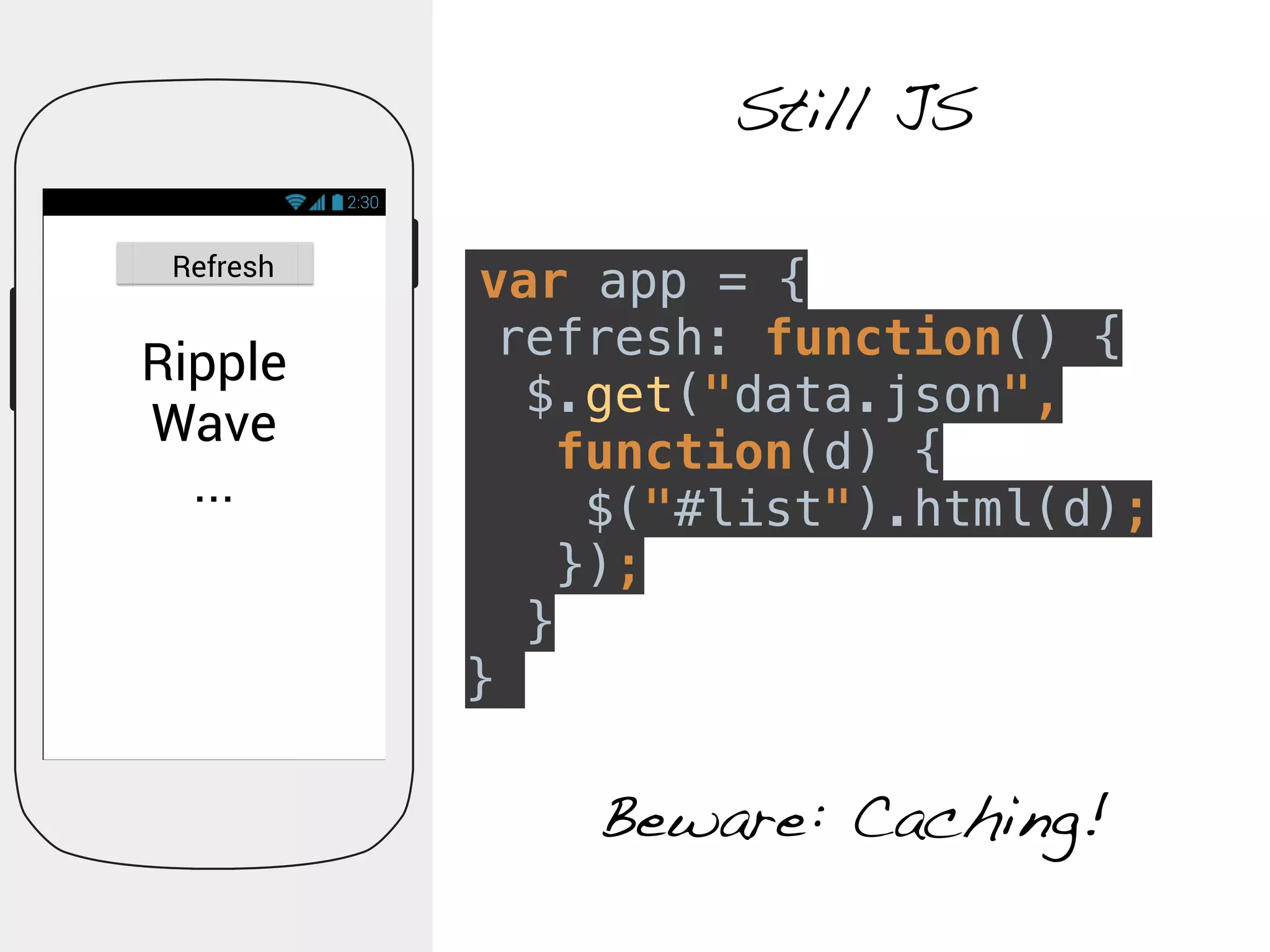2:30 
Refresh var app = { 
refresh: function() { 
$.get("data.json", 
function(d) { 
$("#list").html(d); 
}); 
} 
} 
Ripple 
Wave 
... 
Still JS 
Beware: Caching! 
 