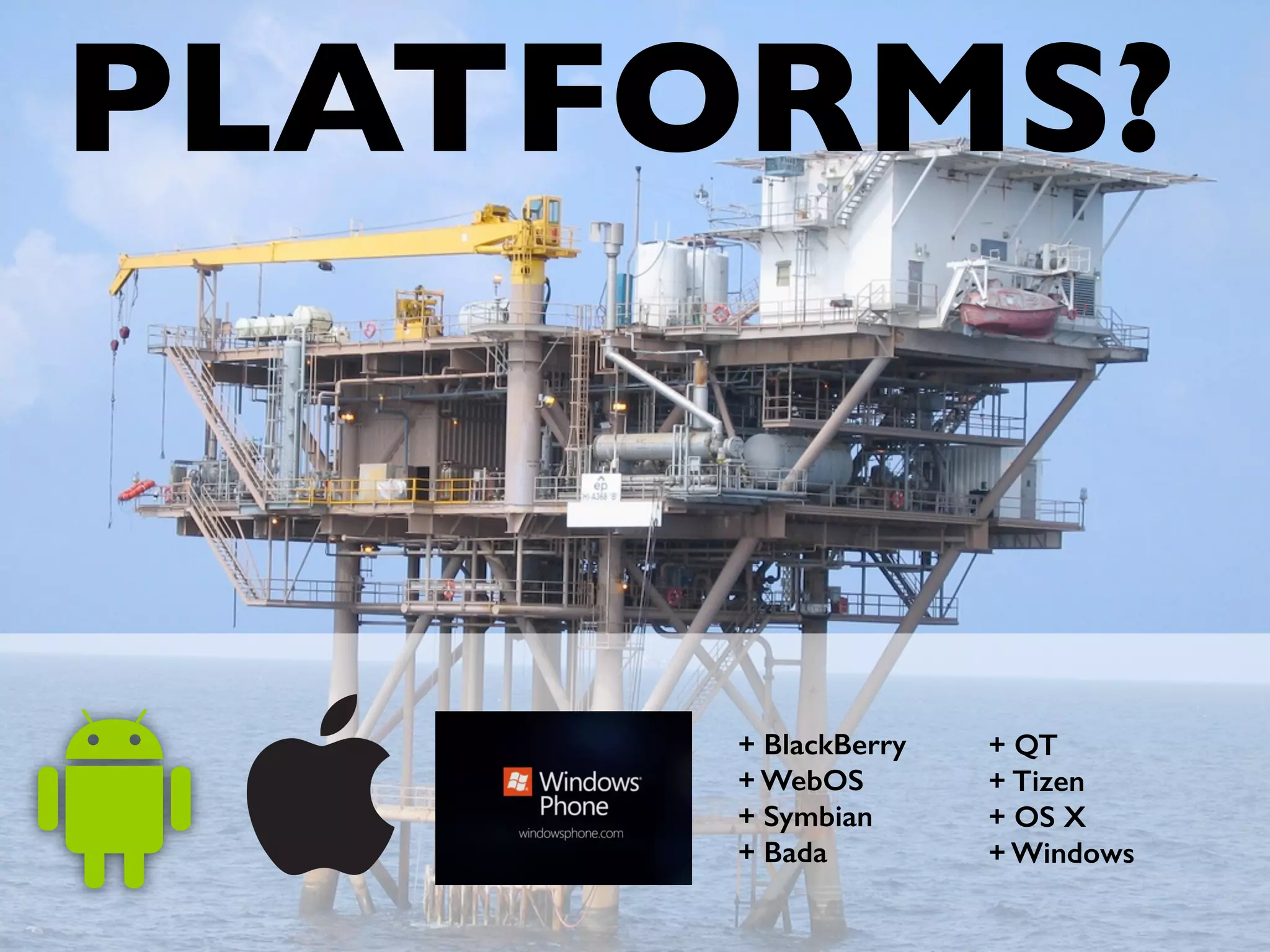 PLATFORMS? 
+ BlackBerry 
+ WebOS 
+ Symbian 
+ Bada 
+ QT 
+ Tizen 
+ OS X 
+ Windows 
 