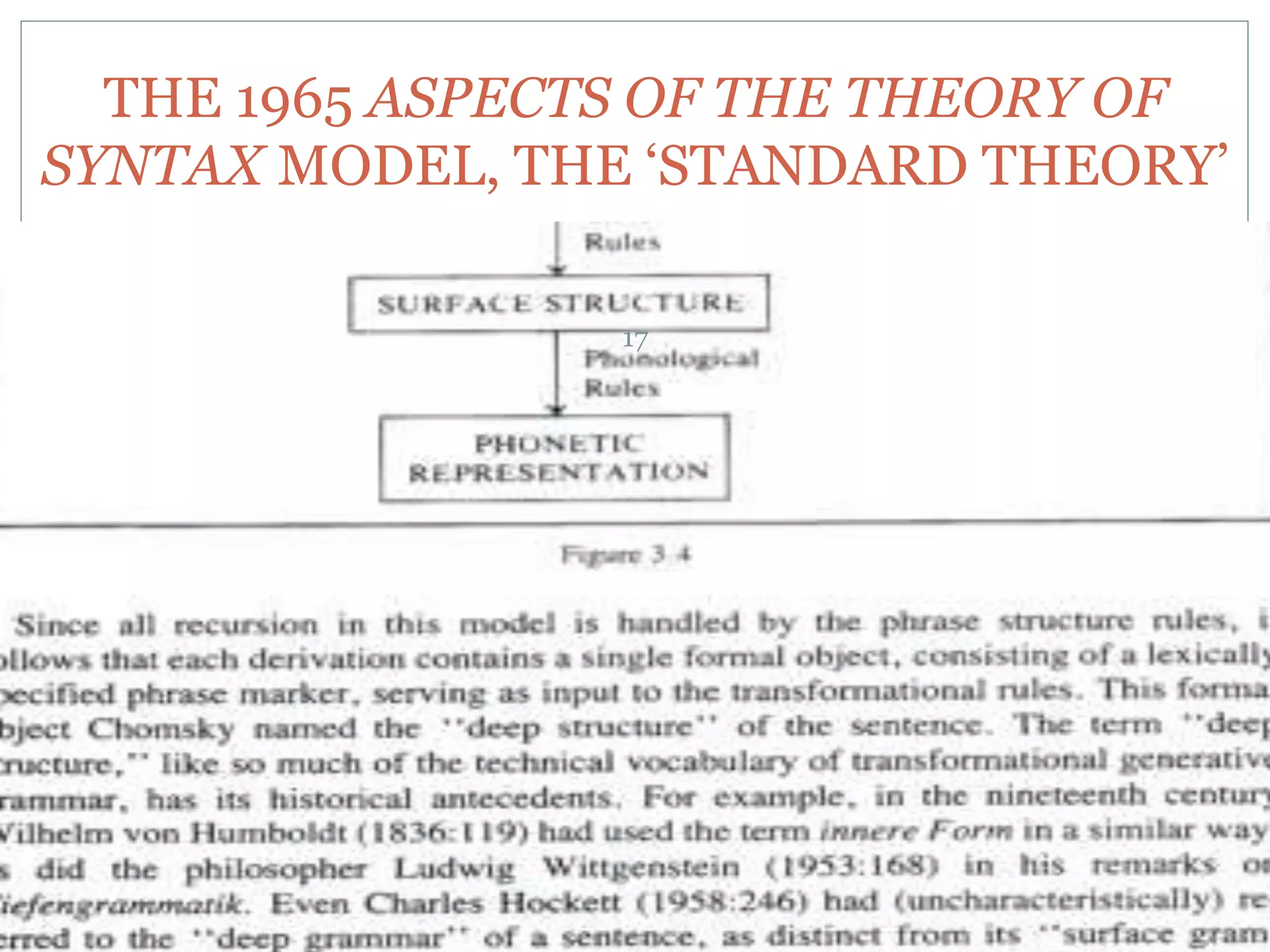 THE 1965 ASPECTS OF THE THEORY OF 
SYNTAX MODEL, THE ‘STANDARD THEORY’ 
17 
 