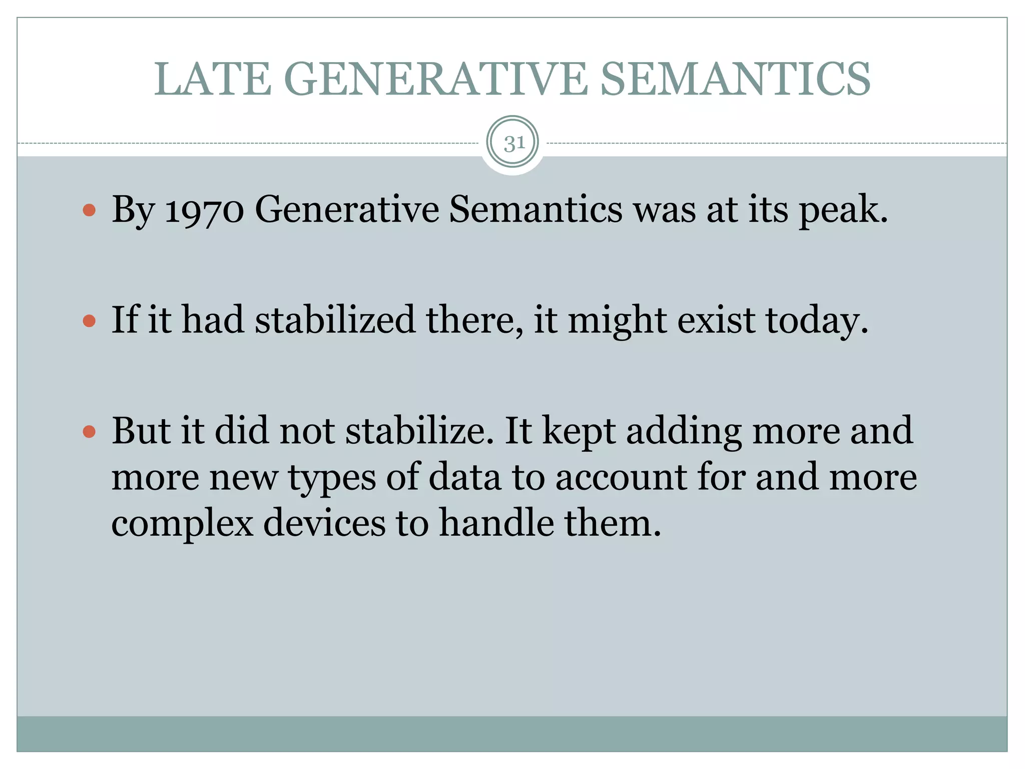 LATE GENERATIVE SEMANTICS 
31 
 By 1970 Generative Semantics was at its peak. 
 If it had stabilized there, it might exist today. 
 But it did not stabilize. It kept adding more and 
more new types of data to account for and more 
complex devices to handle them. 
 
