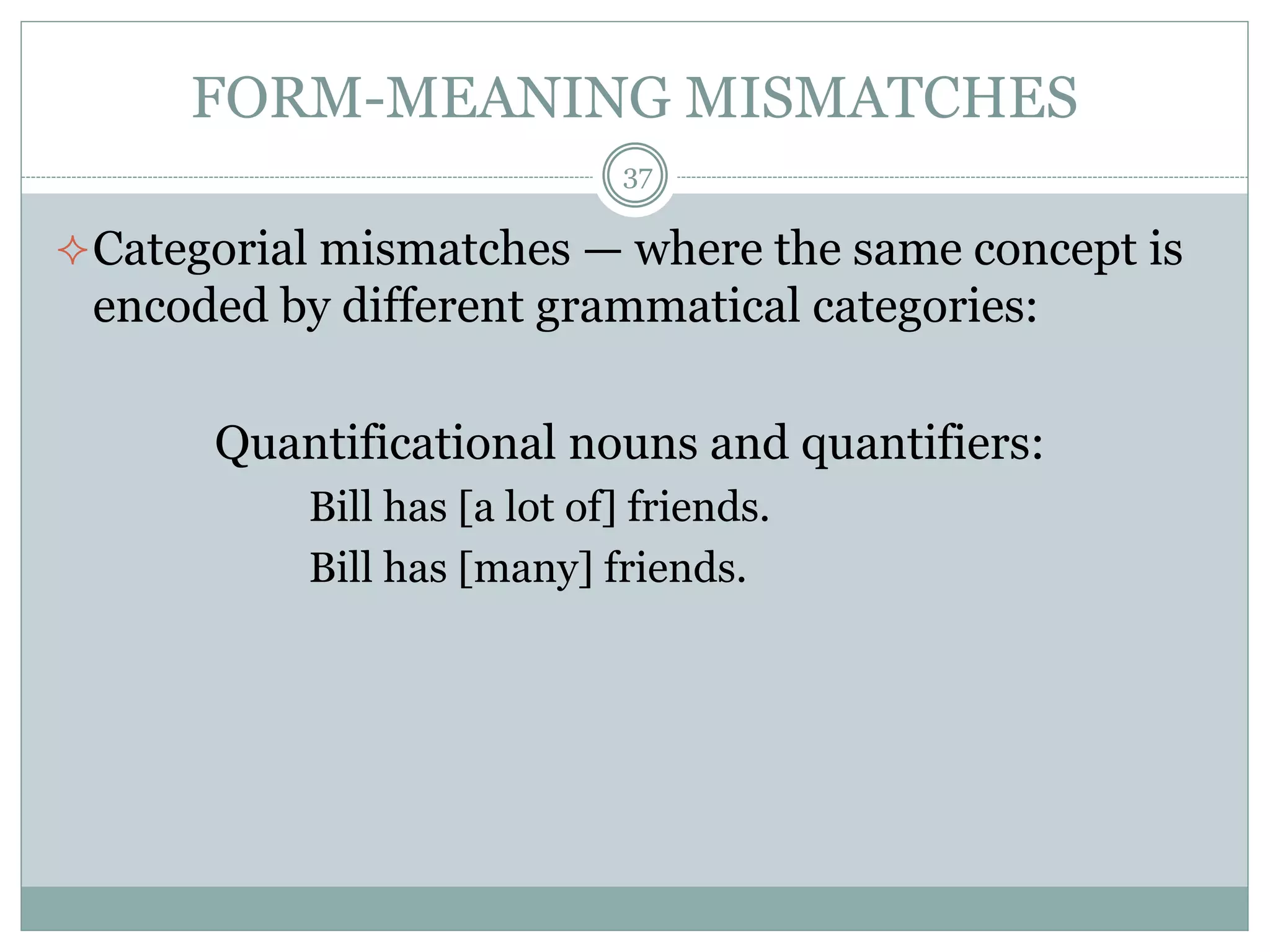 FORM-MEANING MISMATCHES 
37 
Categorial mismatches — where the same concept is 
encoded by different grammatical categories: 
Quantificational nouns and quantifiers: 
Bill has [a lot of] friends. 
Bill has [many] friends. 
 