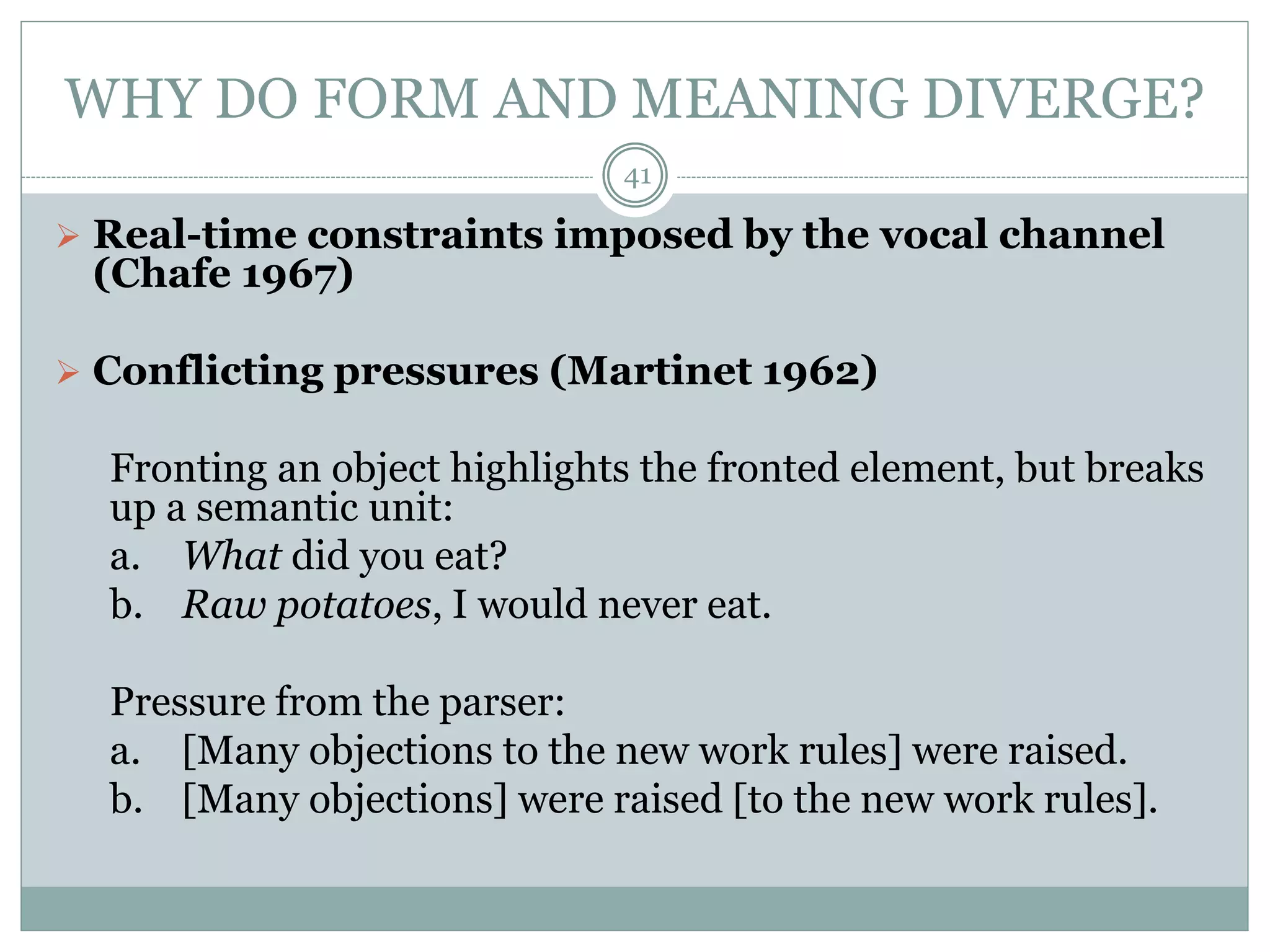 WHY DO FORM AND MEANING DIVERGE? 
41 
 Real-time constraints imposed by the vocal channel 
(Chafe 1967) 
 Conflicting pressures (Martinet 1962) 
Fronting an object highlights the fronted element, but breaks 
up a semantic unit: 
a. What did you eat? 
b. Raw potatoes, I would never eat. 
Pressure from the parser: 
a. [Many objections to the new work rules] were raised. 
b. [Many objections] were raised [to the new work rules]. 
 