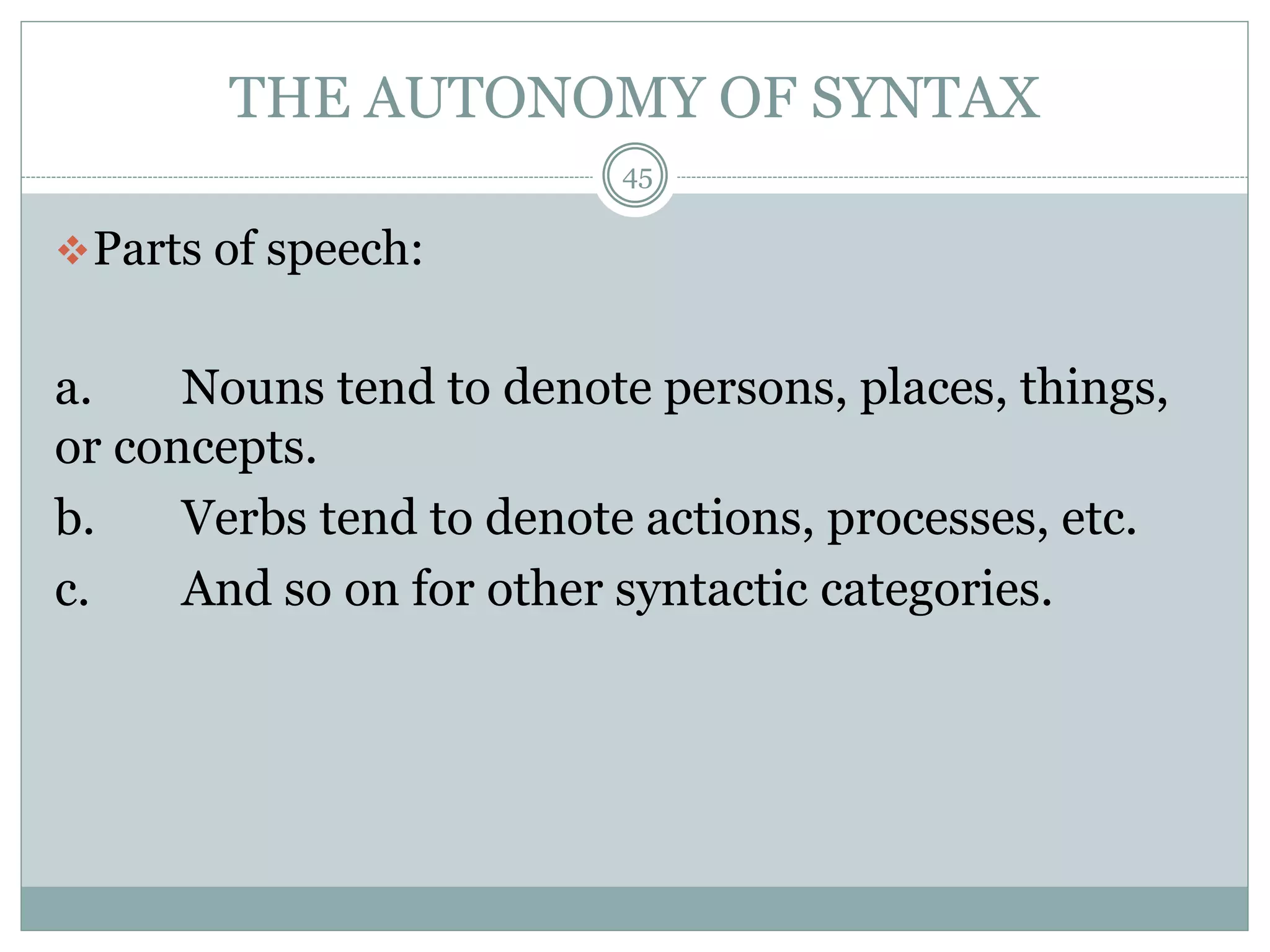 THE AUTONOMY OF SYNTAX 
45 
Parts of speech: 
a. Nouns tend to denote persons, places, things, 
or concepts. 
b. Verbs tend to denote actions, processes, etc. 
c. And so on for other syntactic categories. 
 